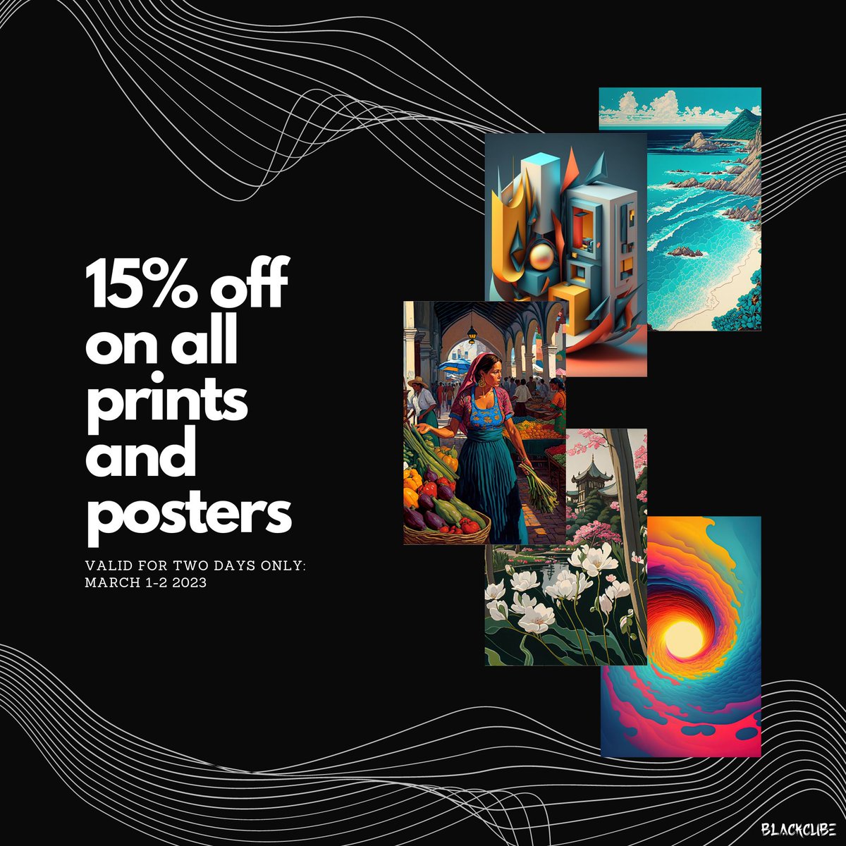 BlackCube's flash sale is happening now! Get 15% off on all prints and posters until March 2nd. Don't wait to decorate your walls with our stunning art. rli.to/HwdvN #BlackCube #FlashSale #WallArt #AbstractArt #TravelPosters #Minimalism #ArtEnthusiasts #ArtAndTech