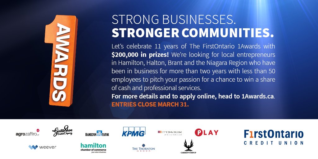 FirstOntarioCU's tweet image. The FirstOntario #1Awards are back! Local businesses in #HamOnt, #HaltonON, #Brantford and #Niagara Region can apply for a chance to win a share in up to $200,000 in cash and professional, in-kind services. Apply at 1Awards.ca by Friday, March 31. #FirstONCommunity