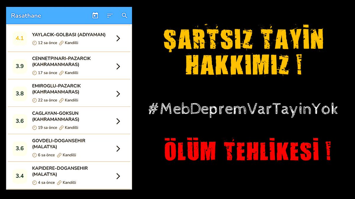 Bölgede sürekli depremler olurken öğretmenler nasıl eğitim verebilecek? Psikolojiler bozuk.
Şartsız tayin hakkı verilmelidir...
#MebDepremVarTayinYok
