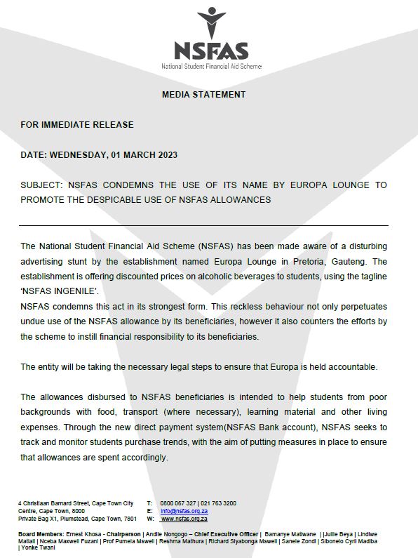 myNSFAS's tweet photo. NSFAS CONDEMNS THE USE OF ITS NAME BY EUROPA LOUNGE TO PROMOTE THE DESPICABLE USE OF NSFAS ALLOWANCES https://t.co/i2nVsVZyGZ