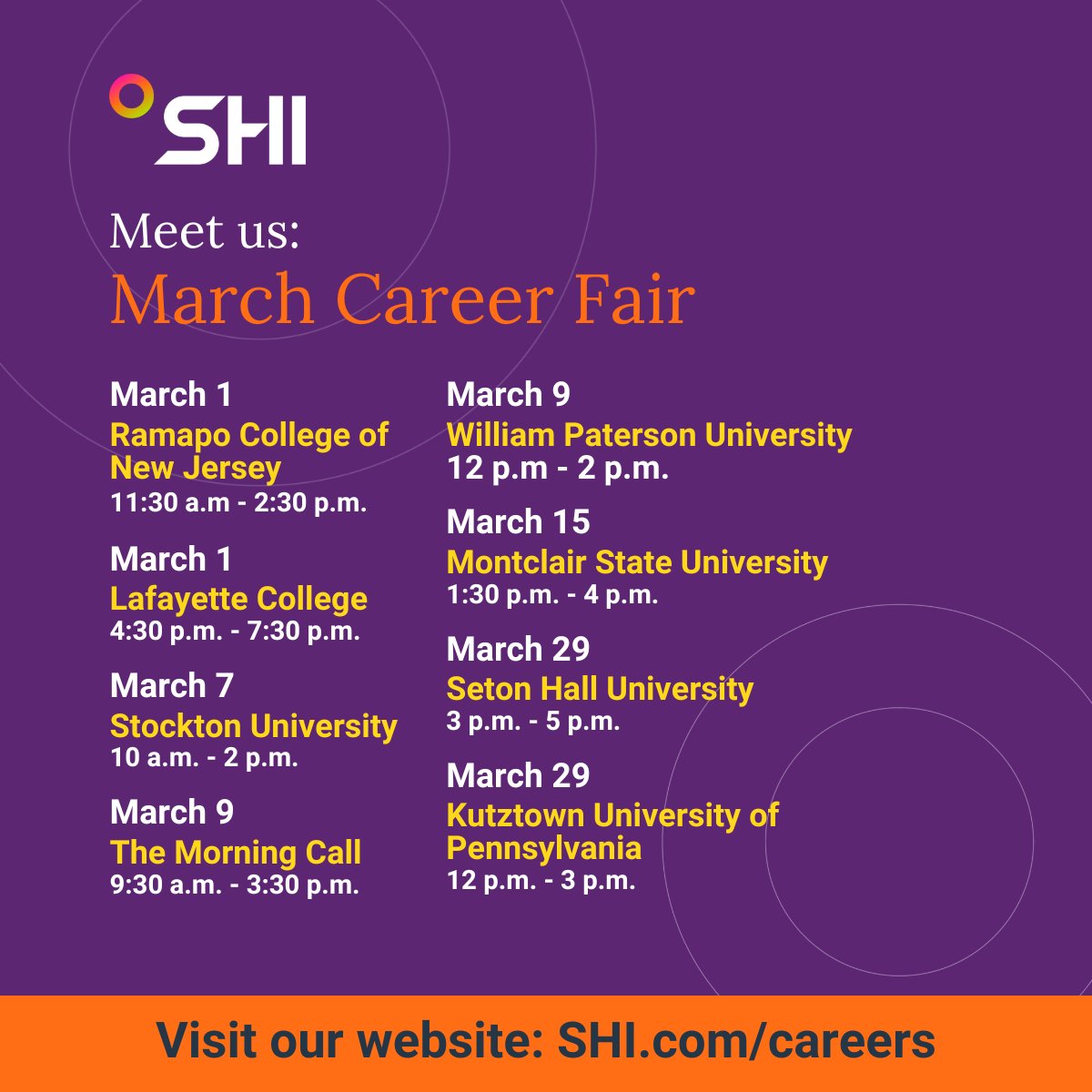 This March join us in person or virtually for our 2023 College Career Fairs! Come meet our amazing Talent Acquisition team and learn more about SHI and the roles we currently have open. #WeAreSHI #SolveWhat'sNext