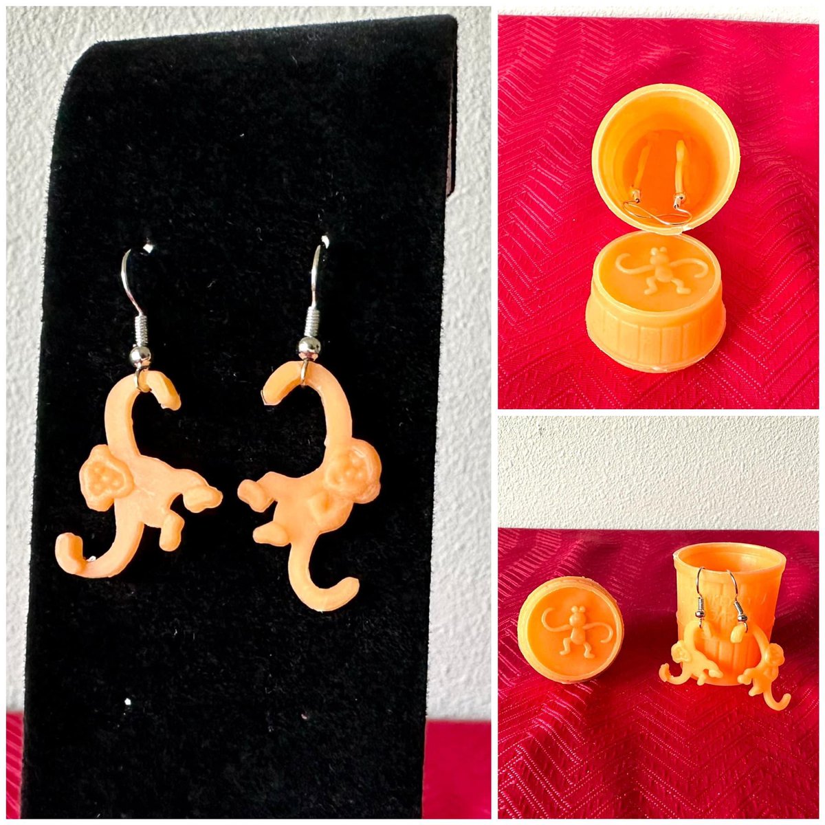 Earrings of Orange Monkeys with Barrel
(Exact pose of the monkeys may vary)

Available in my Square shop:
justaskcassie.square.site/product/earrin…

#barrelofmonkeys #monkeyearrings #monkeys #monkeyjewelry #orangejewelry #orangeearrings #nostalgia #orangemonkeys #uniqueearrings #uniquejewelry