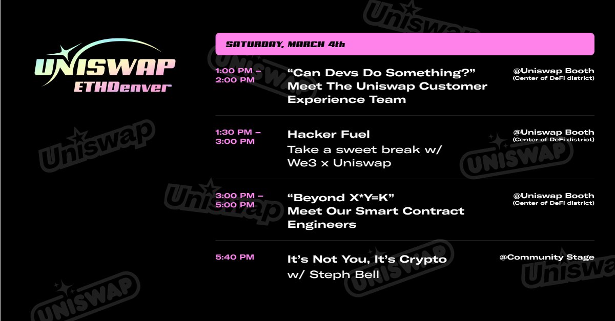 We’re dropping our knowledge at <a href="/EthereumDenver/">ETHDenver 🏔🦬🦄</a>  this week 😎

Check out our talks and events ranging from an overview of on-chain liquidity with <a href="/aadams/"></a>  and <a href="/xin__wan/">Xin Wan</a> to the problem with crypto with <a href="/stevibiel/">steph bell gulati</a>!