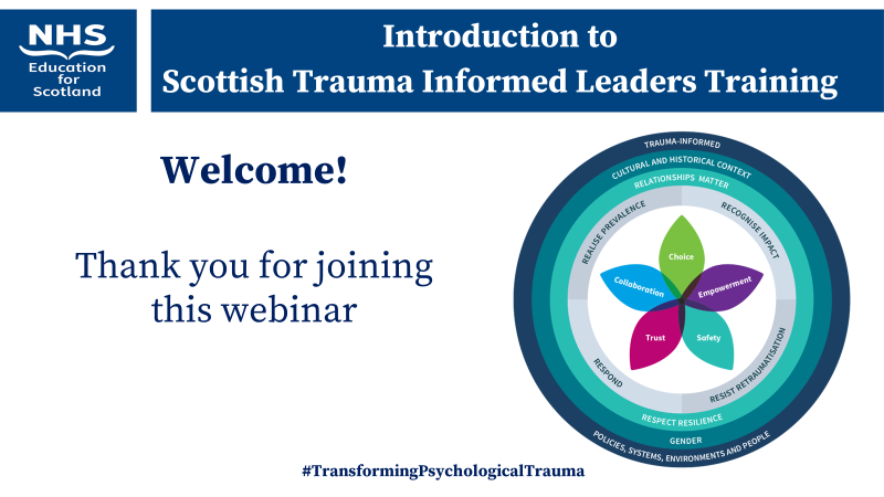 NES_Psychology's tweet photo. Thank you to 320+ leaders participating in our Scottish #TraumaInformed Leaders Training today! Powerful contributions from @Shumela_MDofRLP, @hazybazel & @gowiththat27 inspiring leaders on their #TransformingPsychologicalTrauma journeys. What are you taking away from today? https://t.co/80cdmnuBhW