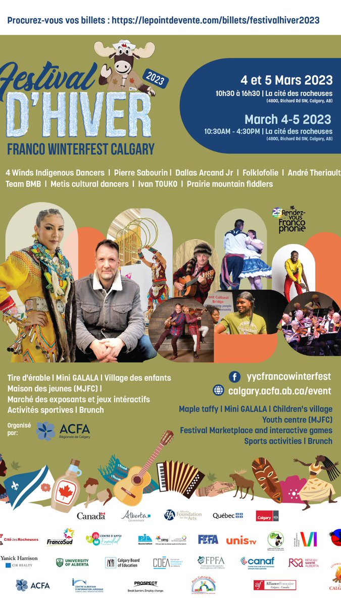 "Préparez-vous à danser, Calgary!
Le line-up du Festival d'hiver Franco Winterfest 2023 est enfin là! Les 4 et 5 Mars, La @cite_des_rocheuses vibrera au rythme de nos talents.
BIlletteries: lepointdevente.com/?q=calgary&loc…