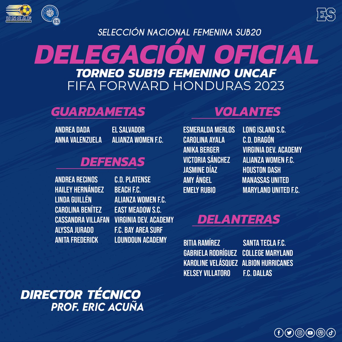 ✅ DELEGACIÓN OFICIAL.

#LaSelectaFemeninaSub20
¡Ellas serán las que defenderán la #AzulYBlanco 🇸🇻💙! 
para  el  Torneo Sub19 Femenino UNCAF FIFA FORWARD.

¡Vamos Selecta 👏!

#ElSalvador