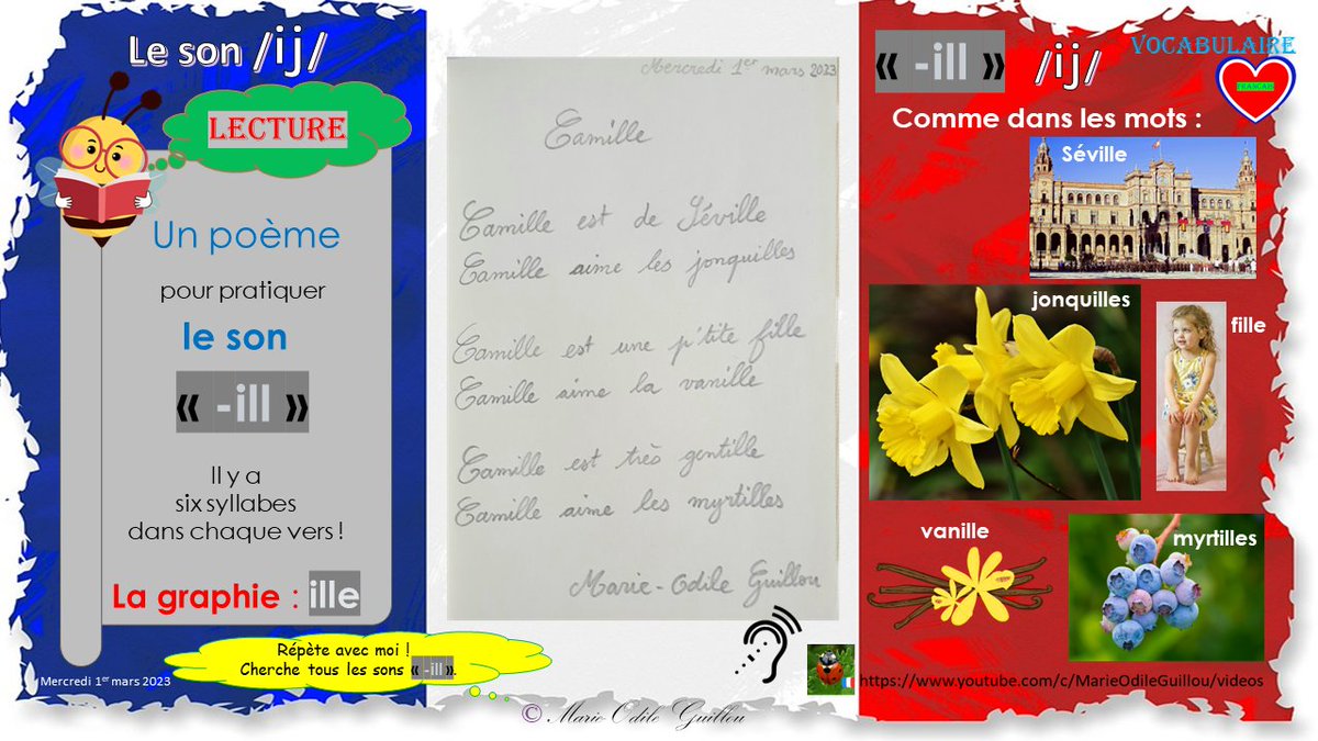 Another free #French #Syllabic #poem to help French learners practise the /ij/ (-ill) semi-vowel sound.  #phonics #reading #1stMarch #StDavidsDay #mfl #PrimaryFrench #mfw2023