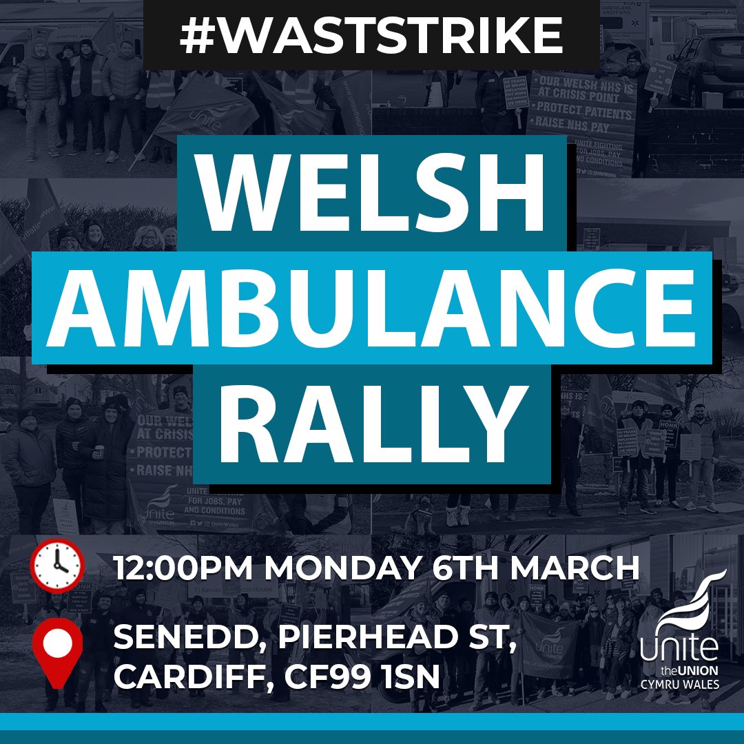 On Monday we'll be at the Senedd in Cardiff calling for an improved offer for our members at @WelshAmbulance. Welsh Ambulance workers will be joining the demonstration from picket lines across the country, please come and show them your support. #WASTStrike #AmbulanceStrike