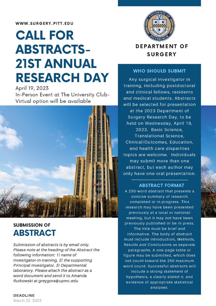 Pitt Surgery (@pittsurgery) on Twitter photo 📢 Please join us to celebrate the past year’s #research accomplishments in #PittSurgery. Please note the deadline is 22nd March 2023.
<a href="/PittPedsSurg/">Pitt Pediatric Surgery</a> <a href="/PittDeptofMed/">PittDeptofMed</a> <a href="/PittTTMRC/">Pitt Trauma & Transfusion Medicine Research Center</a> <a href="/PittNeurosurg/">Pitt Neurosurgery</a> <a href="/UPMC_CTSurgery/">Pitt Cardiothoracic Surgery Department</a> <a href="/PittEndoSurg/">Pitt Endocrine Surgery</a> <a href="/PittCTSI/">Clinical & Translational Science Institute</a> <a href="/PittCMMR/">PITT CMMR</a> <a href="/PittResearch/">PittResearch</a> <a href="/UPMC/">UPMC</a> <a href="/PittEngineering/">Swanson School of Engineering</a> 📢 Please join us to celebrate the past year’s #research accomplishments in #PittSurgery. Please note the deadline is 22nd March 2023.
<a href="/PittPedsSurg/">Pitt Pediatric Surgery</a> <a href="/PittDeptofMed/">PittDeptofMed</a> <a href="/PittTTMRC/">Pitt Trauma & Transfusion Medicine Research Center</a> <a href="/PittNeurosurg/">Pitt Neurosurgery</a> <a href="/UPMC_CTSurgery/">Pitt Cardiothoracic Surgery Department</a> <a href="/PittEndoSurg/">Pitt Endocrine Surgery</a> <a href="/PittCTSI/">Clinical & Translational Science Institute</a> <a href="/PittCMMR/">PITT CMMR</a> <a href="/PittResearch/">PittResearch</a> <a href="/UPMC/">UPMC</a> <a href="/PittEngineering/">Swanson School of Engineering</a>