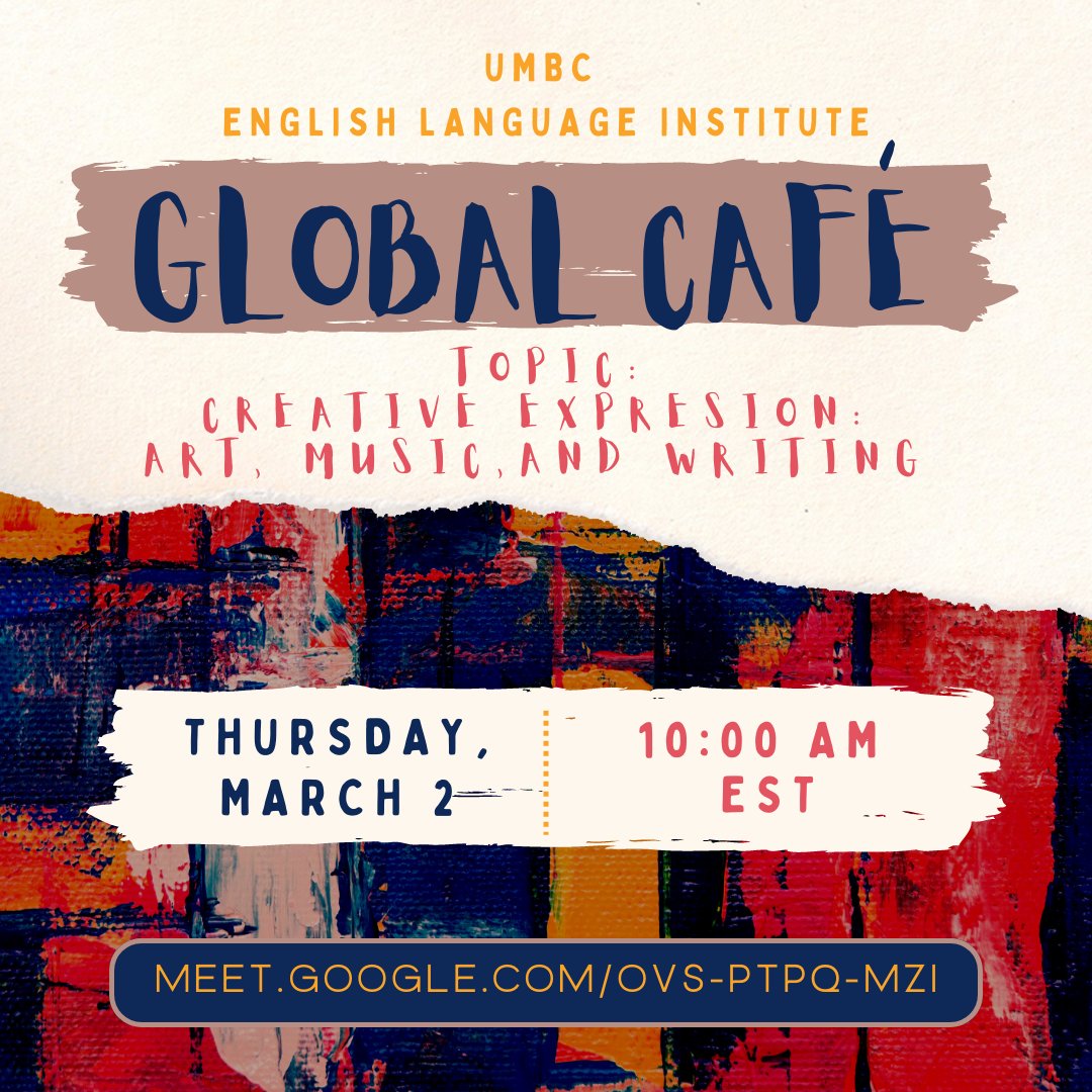 Join us Thursday, March 2 at 10:00 AM EST tomorrow for our morning session of the Global Cafe! This week, we are going to revisit a topic from last smeester: creative expression. All are welcome, and no registration is required! Link to join: buff.ly/3SIufLN