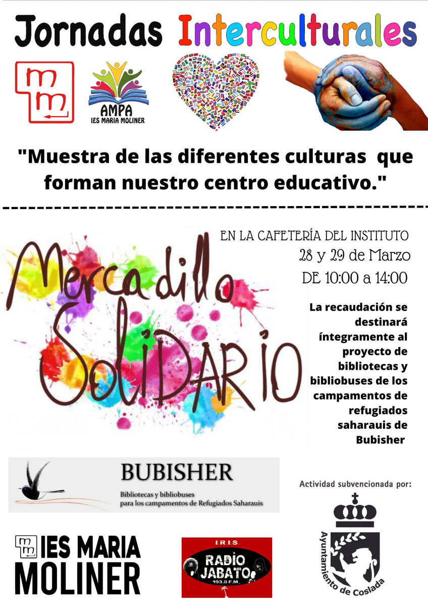 En las Jornadas Interculturales del  IES María Moliner, el 28 y 29 de Marzo se celebrará una nueva edición del Mercadillo Solidario, en el que todo lo recaudado se destinará al proyecto Bubisher.