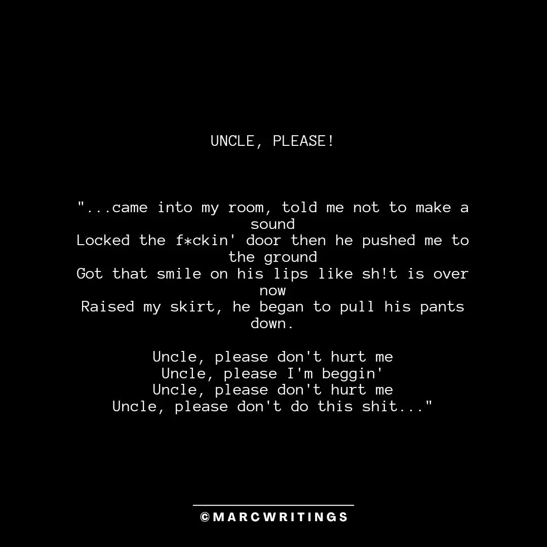 marcwritings's tweet photo. Uncle, please don't do this shit! 😭💔
See full piece here 👇
https://t.co/942DB74Tks
#marcwritings #uncleplease #justlyrics #wordpress #twitter #lyricist #songwriter #iwrite #poetry #music #explore #explorepage #viral #viralpost #homepage #trending #marcwrotethis #marcmywords https://t.co/34Q8Ha0mwV