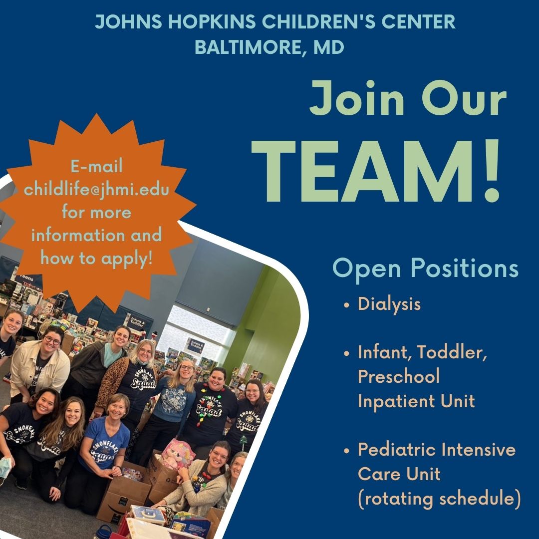 We are hiring for child life specialists! CCLS' enter the clinical ladder based on years of work experience. Below is one of the postings - but you can be considered for all positions and levels when applying for any of the jobs! jobs.hopkinsmedicine.org/.../child-life…
#PICU #childlife