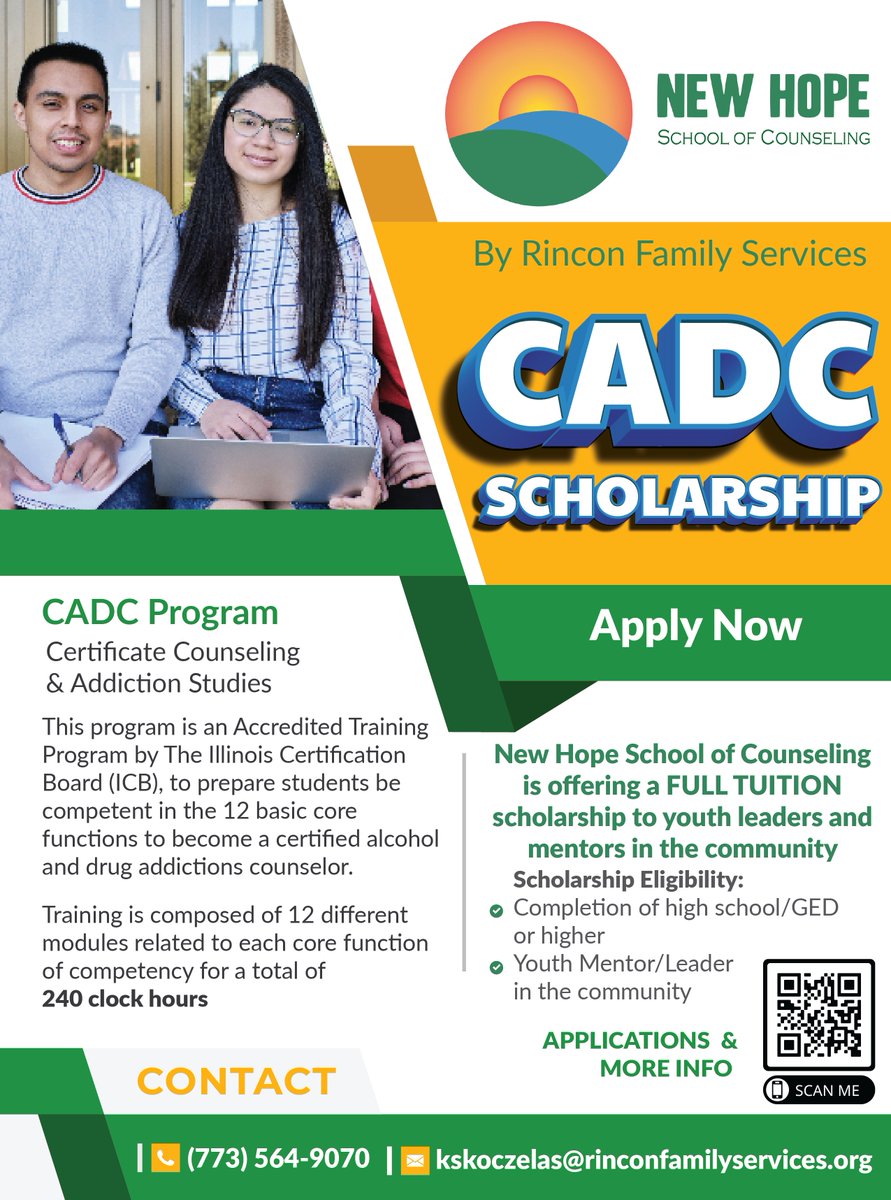 CADC Scholarship - Apply Today! forms.office.com/r/5udEmbWc8r
New Hope School of Counseling by Rincon Family Services is offering a FULL TUITION scholarship to youth leaders and mentors in the community.