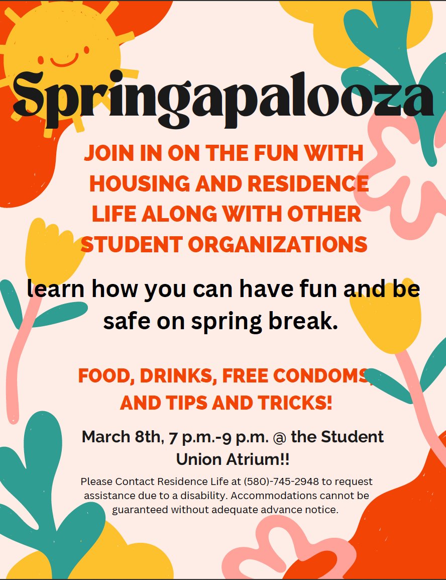 SEOSL's tweet photo. Join Housing Res Life @sosuhrl and other student organizations at the Student Union Atrium on March 8th from 7PM -9PM for FREE food, drinks, and tips and tricks to stay safe on spring break! Don't miss out on the fun! #Springapalooza #StaySafeSpringBreak #SpringBreak #Studentlife https://t.co/8GLxe3Xlrg