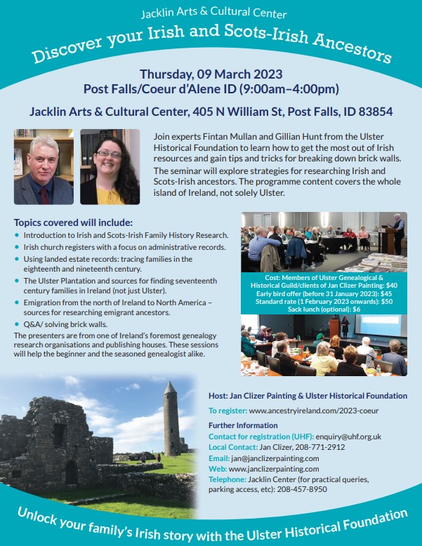 UlsterHistory's tweet image. This time next week we will have arrived in Idaho for our #IrishGenealogy workshop in #PostFalls on Thurs 9 March! ancestryireland.com/2023-coeur/ @cityofpostfalls  @CdAPressNews @SpokaneCity @LewistonTribune @KLEWNews @mpdailynews @visitidaho @IdahoPubRadio @IdahoStatesman @IdahoStateJ
