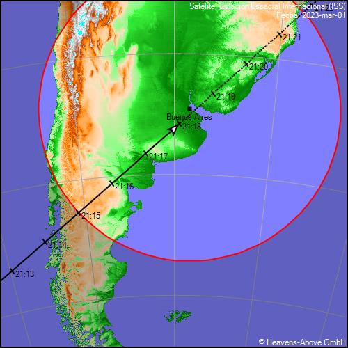 SatelitesArg's tweet photo. 🔴 ATENCIÓN. Esta noche tendremos sobre #BuenosAires un BRILLANTE paso de la Estación Espacial Internacional #ISS 🛰🌟

Justo antes de llegar al momento de máxima elevación va a DESAPARECER 

• Horario: 21:15 - 21:18
• Direccion: SO a NE
• Elevación máxima: 21:18 | 70° (CABA) https://t.co/uNLfAOBEAD