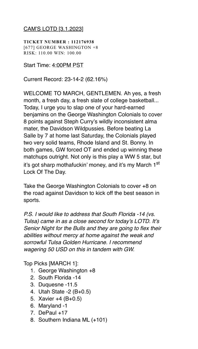 cbb_cam's tweet photo. 🏆Cam's LOTD [3.1.23]: @GW_MBB +8

🏀Tip Off: 4:00 PM PST

🎯Current Record: 23-14-2 (62.16%) https://t.co/g7fp9Qf6VF