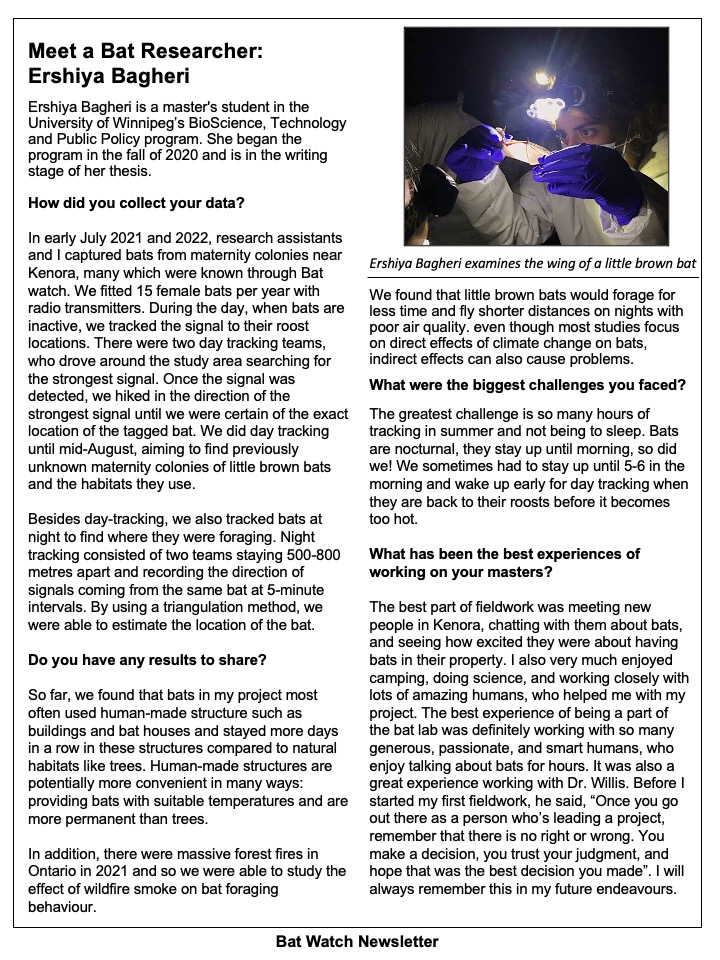 Bat_Watch's tweet photo. Check out our newsletter to read what Bat Watch has been up to in 2022! Read about capturing bats, our NASBR 2022 experience, a graduate student researcher, and bat songs for kids written by members of the Willis Lab at @uwinnipeg!

Full newsletter: https://t.co/meazYNXqLN https://t.co/rfoBmhZ3dJ