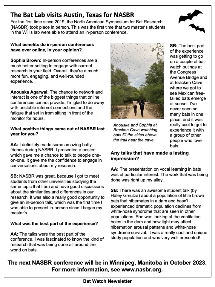 Bat_Watch's tweet photo. Check out our newsletter to read what Bat Watch has been up to in 2022! Read about capturing bats, our NASBR 2022 experience, a graduate student researcher, and bat songs for kids written by members of the Willis Lab at @uwinnipeg!

Full newsletter: https://t.co/meazYNXqLN https://t.co/rfoBmhZ3dJ