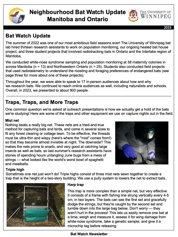 Bat_Watch's tweet photo. Check out our newsletter to read what Bat Watch has been up to in 2022! Read about capturing bats, our NASBR 2022 experience, a graduate student researcher, and bat songs for kids written by members of the Willis Lab at @uwinnipeg!

Full newsletter: https://t.co/meazYNXqLN https://t.co/rfoBmhZ3dJ