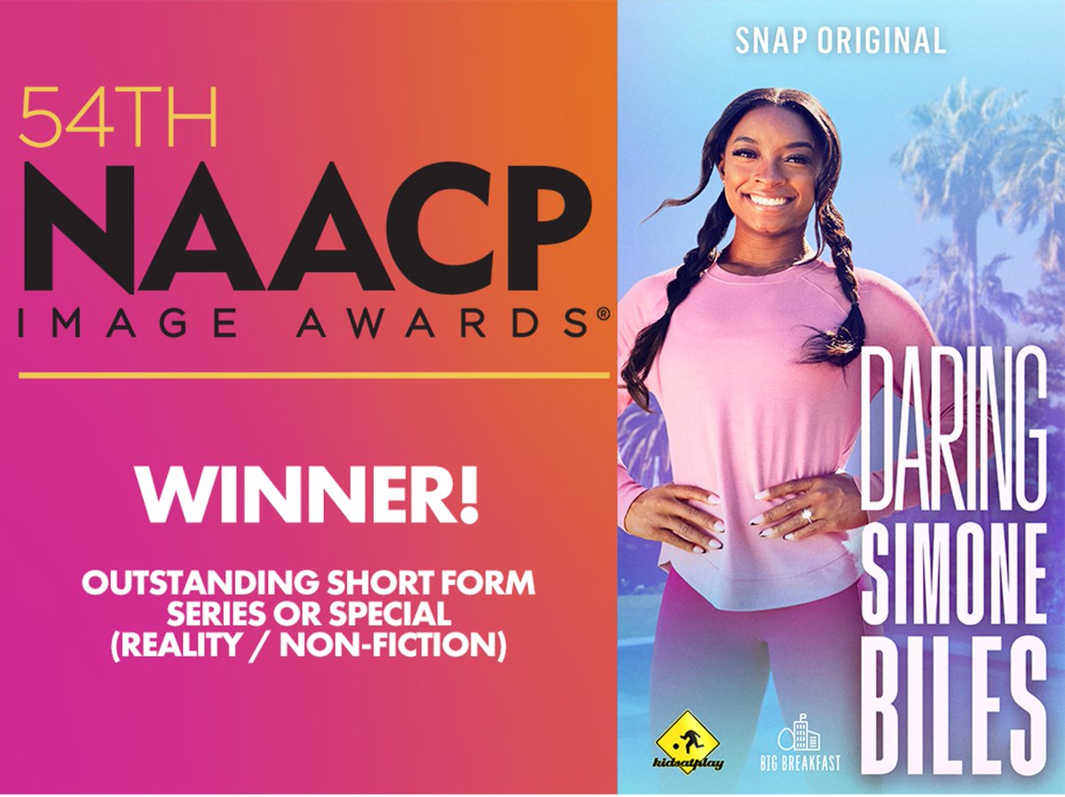 DrewJohnson08's tweet photo. Congrats @Simone_Biles, well-deserved recognition via @naacpimageaward for Outstanding Short Form Series - Reality/Non-Fiction #DaringSimoneBiles. The @Snapchat series, which she also EP’ed, was filled w/ all new #SimoneThings - cooking, cheerleading, DJing, beekeeping, &amp; more! https://t.co/UWsq8oy553