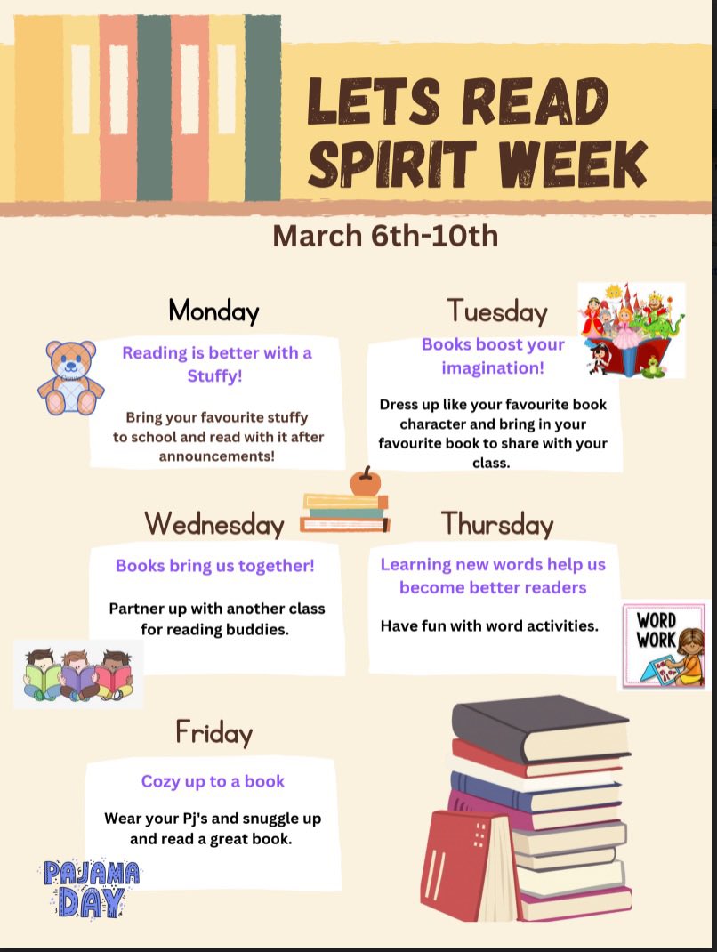 Check out the Spirit Week activities we have planned for you. Next week will be a a great week. 📚 📖 <a href="/StAlphonsaDP/">St. Alphonsa Catholic Elementary School</a>
