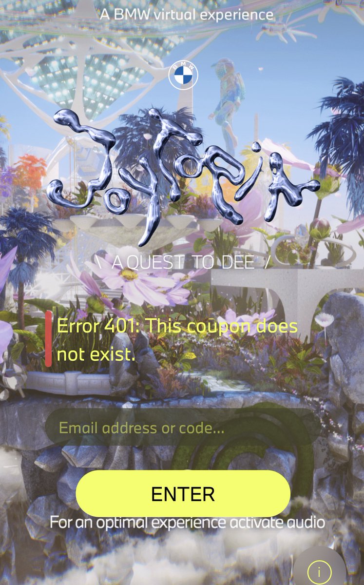 Trying to access the Joytopia VR world of ⁦<a href="/BMW/">BMW</a>⁩ but get an error 401 message … anyone know how to get in 😳?
