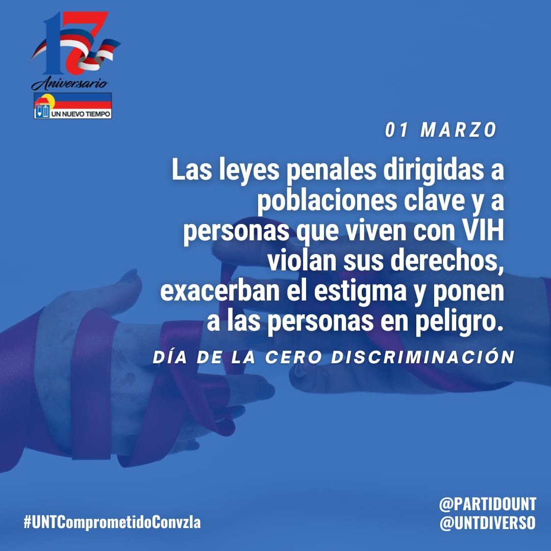 La población LGBTIQ no puede seguir sometida a tratos crueles o torturas, la orientación sexual e identidad de género no es un crimen, en el marco del #01Marzo Día de la  #CeroDiscriminacion, exhortamos a la ciudadanía a respetar a todos por igual. #UNTComprometidoConVzla