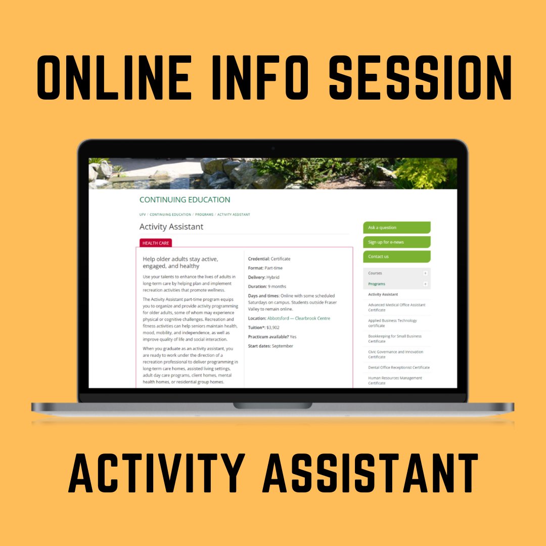 UFVContinuingEd's tweet photo. โ ๏ธ Happening TONIGHT at 6:30 pm!
Learn all about our #ActivityAssistant program, ask questions, meet instructors, and more! (Or just quietly watch from the comfort of your home ๐)
Sign up now here: https://t.co/JIL4DJxXyn https://t.co/6oA828xMA0