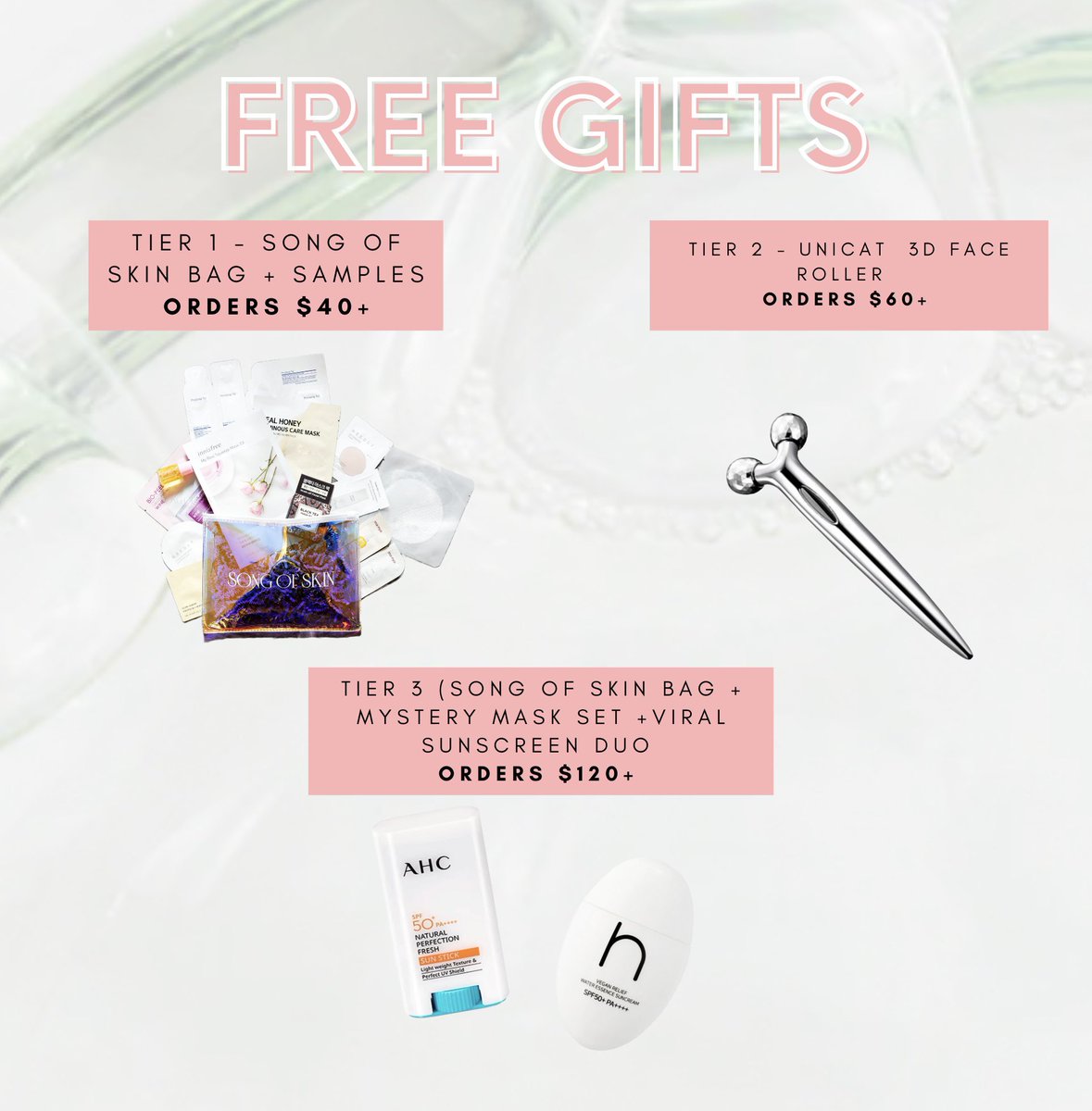 Song Of Skin has new gifts! A gift for every tier + tier 3 gets it ALL! ✨ 🛒 songofskin.com #glassskin #kbeauty #faceroller #koreanbeauty #gifts #skincare