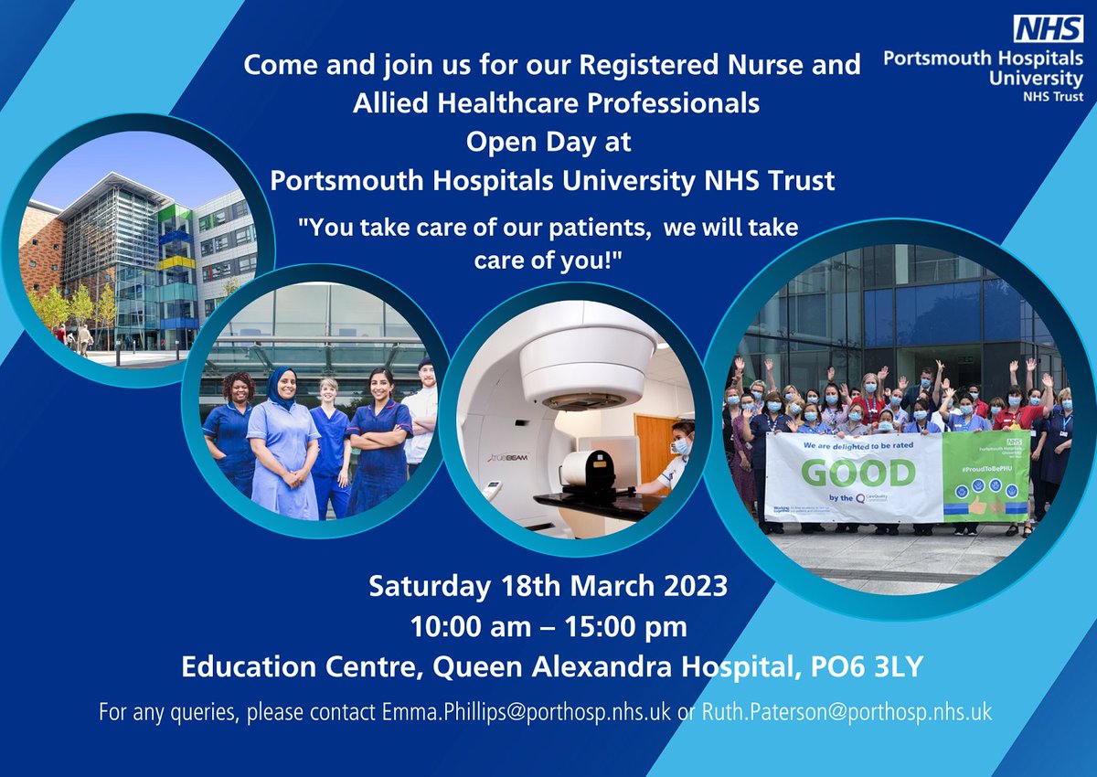 We are holding an Open day on the 18th March for Registered Nurses and Allied Healthcare Professionals at Portsmouth Hospitals University NHS Trust from 10:00am - 15:00pm in our Education Centre on Level E.