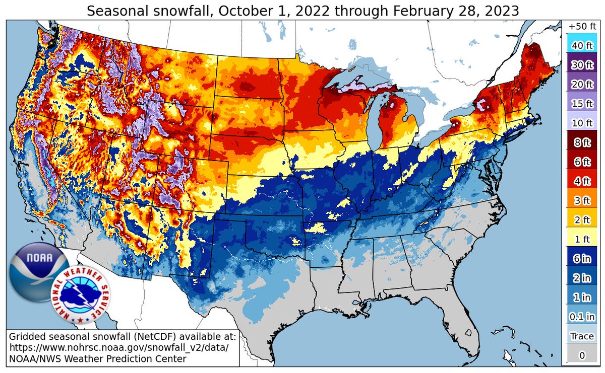 ❄️As meteorological spring commences, here's a look at this winter season's snowfall statistics, hot off the press! The first graphic shows the snowfall this season (Oct 1 2022 through Feb 28 2023) across the contiguous U.S.