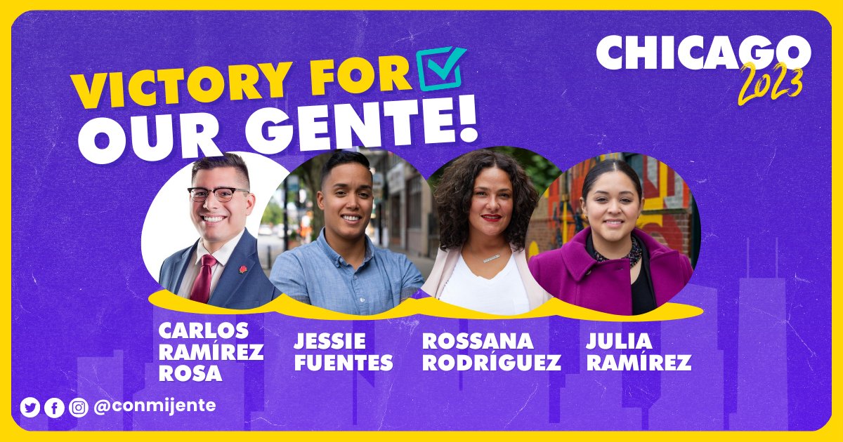 ConMijente's tweet photo. Today we are celebrating the victories of:

➡️Julia Ramirez on the 12th ward 🎉
➡️Jessie Fuentes on the 26th ward 🎉
➡️Rossana Rodriguez on the 33rd ward 🎉
➡️Carlos Ramirez-Rosa on the 35th ward 🎉

And

➡️Lori Torres-Whitt is going to the runoffs on the 36th ward 🎉 https://t.co/4ev8t4S56g