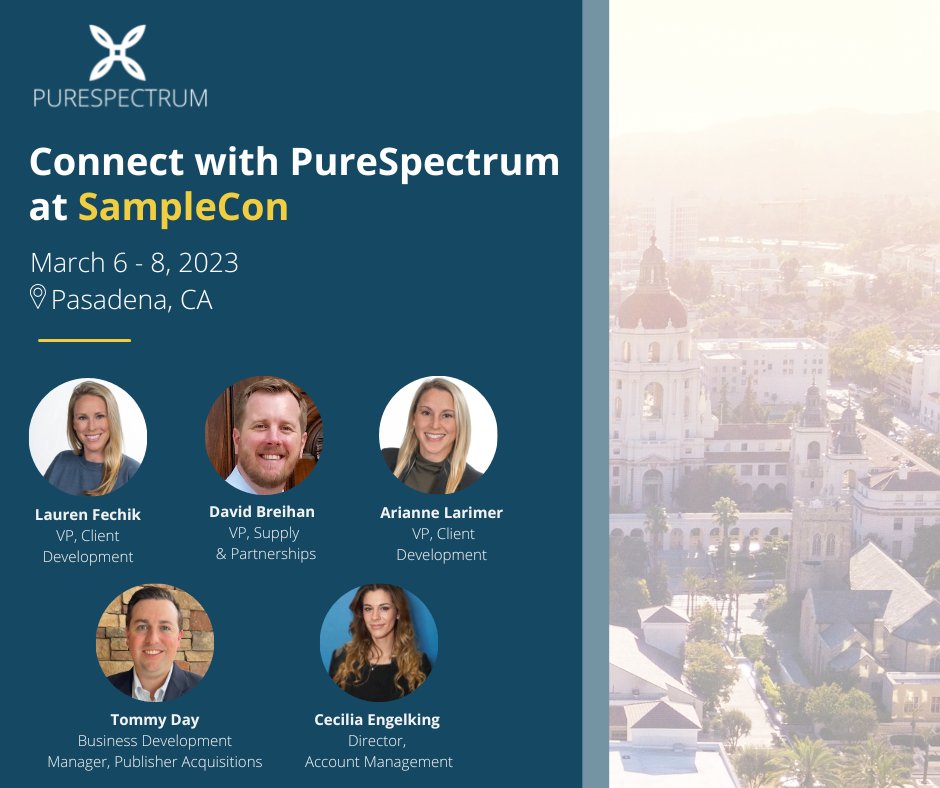 purespectrum_'s tweet image. SampleCon is just around the corner! Connect with PureSpectrum team members Lauren Fechik, David Breihan, Arianne Larimer, Cecilia Engelking, and Tommy Day! We look forward to seeing you there!

#SampleCon #pasadena #MRX #conference #mrevents #mrxevents #inpersonevents #insights
