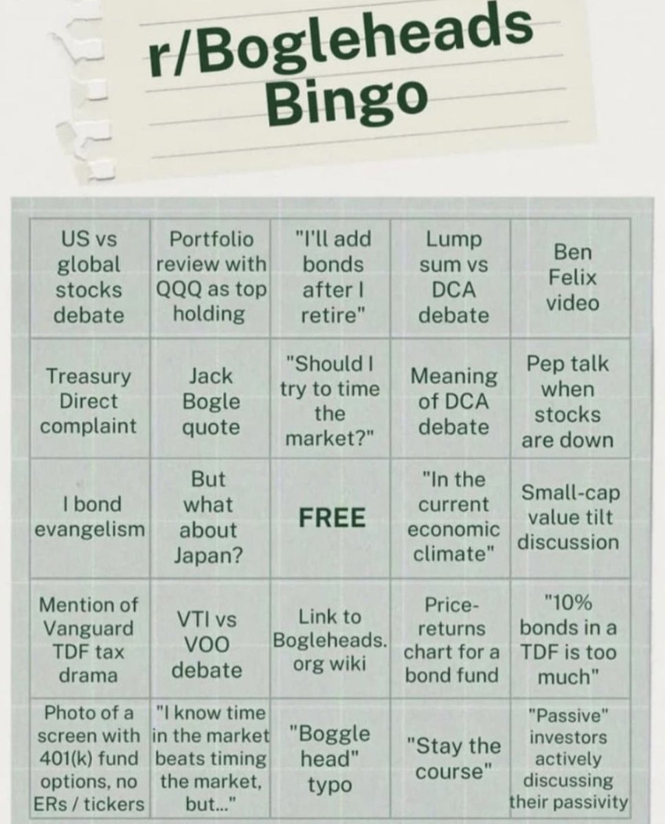 egr_investor's tweet photo. Tired of hearing the same old investing debates each week? Mix it up and play Bogleheads Bingo! Learn about sound investment principles while having fun. #Bogleheads #PersonalFinance #Investing #bingo #Vanguard https://t.co/EEe54g2jHq