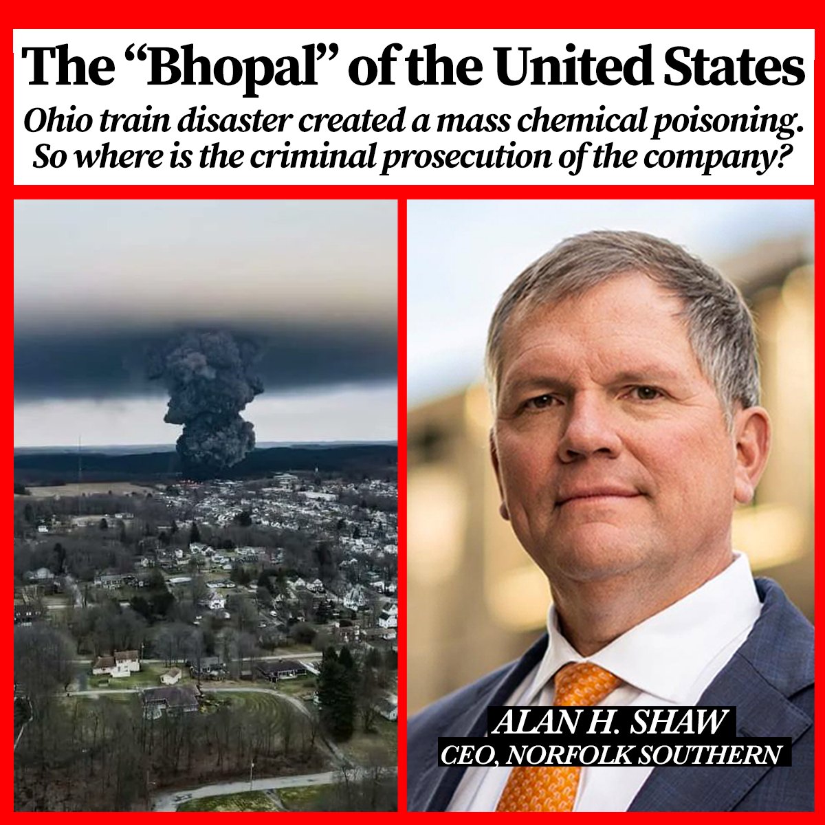 Peaceful climate activists in Atlanta are hit with bogus "domestic terrorism" charges while a rail company that deliberately poisoned millions with deadly chemicals does not even face a criminal probe.

Prosecutors: investigate Norfolk Southern and its CEO now.
