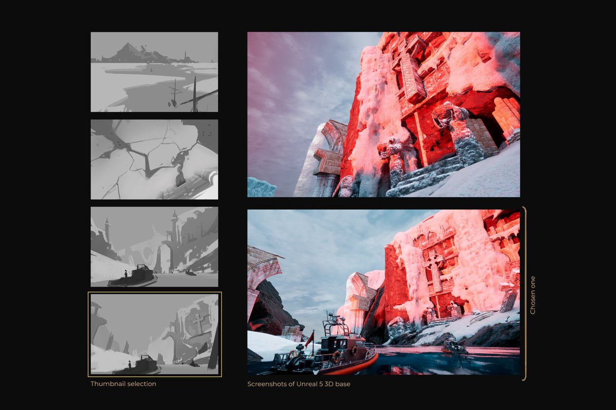 ivanco_mc's tweet image. EXPEDITION TO THE ARCTIC RELICS | Overpainting an Unreal 5 3D base. Give it some love!💜 #Conceptart #Environmentaldesign #UnrealEngine5 #Photoshop