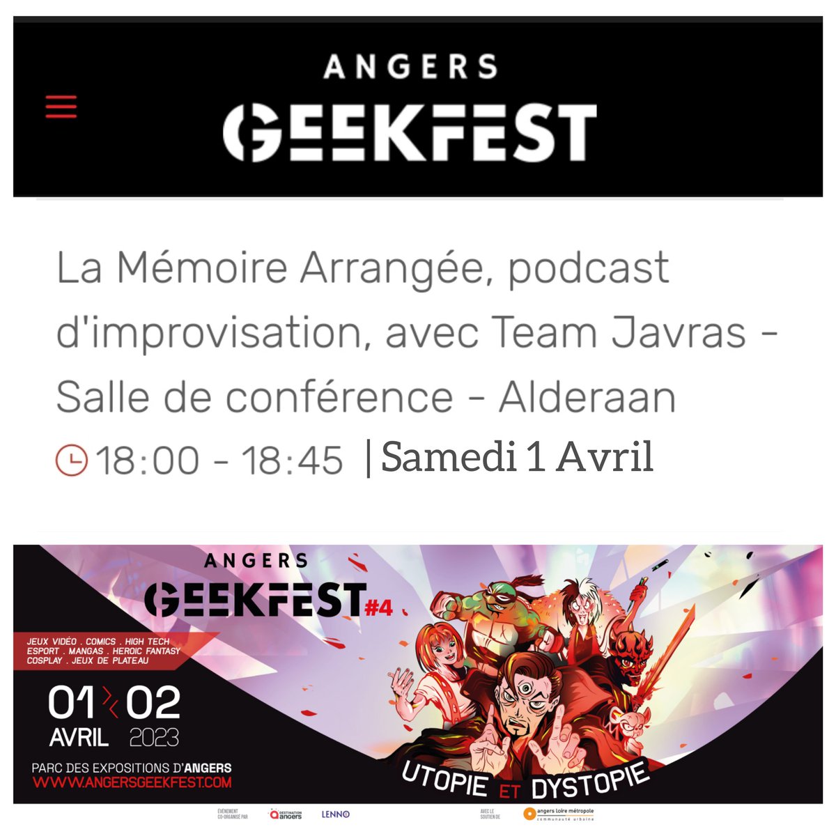 Vous faites quoi Samedi 1ier Avril ?
Nous on sera à <a href="/angersgeekfest/">Angers Geekfest</a> et on va jouer un épisode de #lamemoirearrangee en public !
🎤😘

#sagamp3 #fictionaudio #Podcast #Gratuit #AudioDrama #French #Nouveauté #PodcastFr #Soutien #LaMemoireArrangee #Angers