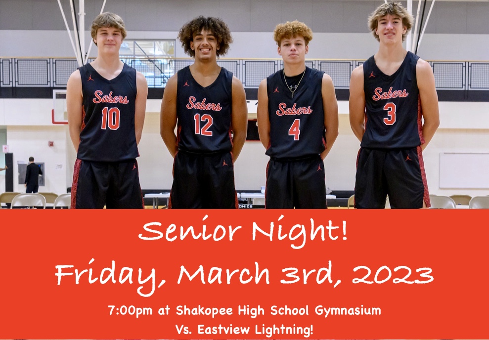 Come honor and cheer 4 our <a href="/ShakoBoysHoops/">Shakopee Boys Basketball</a>  SENIORS on their final regular season home basketball game at Shakopee Senior High Schoo this Friday evening Vs. the Top 10-ranked Eastview Lightning! 7:00pm Game time! See you there!! <a href="/shakofans/">Saber Pack</a> <a href="/SabersAD/">Shakopee Activities</a> <a href="/SabersLive/">SabersLive</a> @SaberWeightRoom