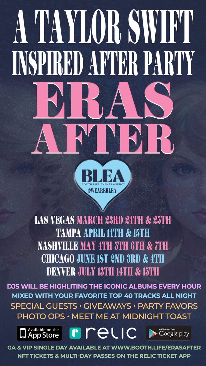 RelicTickets's tweet image. Attention #Swifties!
Tickets for Eras After in Las Vegas, Tampa, Nashville, Denver, and Chicago are now available at events.relictickets.com As valued members of #taylornation, you'll have the chance to enjoy greetings from special guests, party favors, and so much more!
