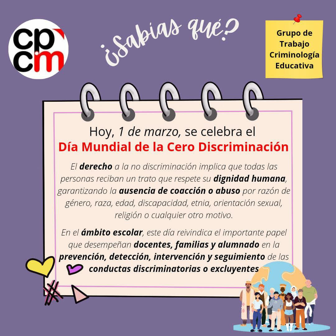 📆Hoy es el Día Mundial de la Cero Discriminación

El Grupo de Trabajo en Criminología Educativa recuerda en el gran papel de docentes, padres y alumnos para prevenir, intervenir y detectar conductas excluyentes en las aulas

Los criminólogos también somos necesarios en esa lucha