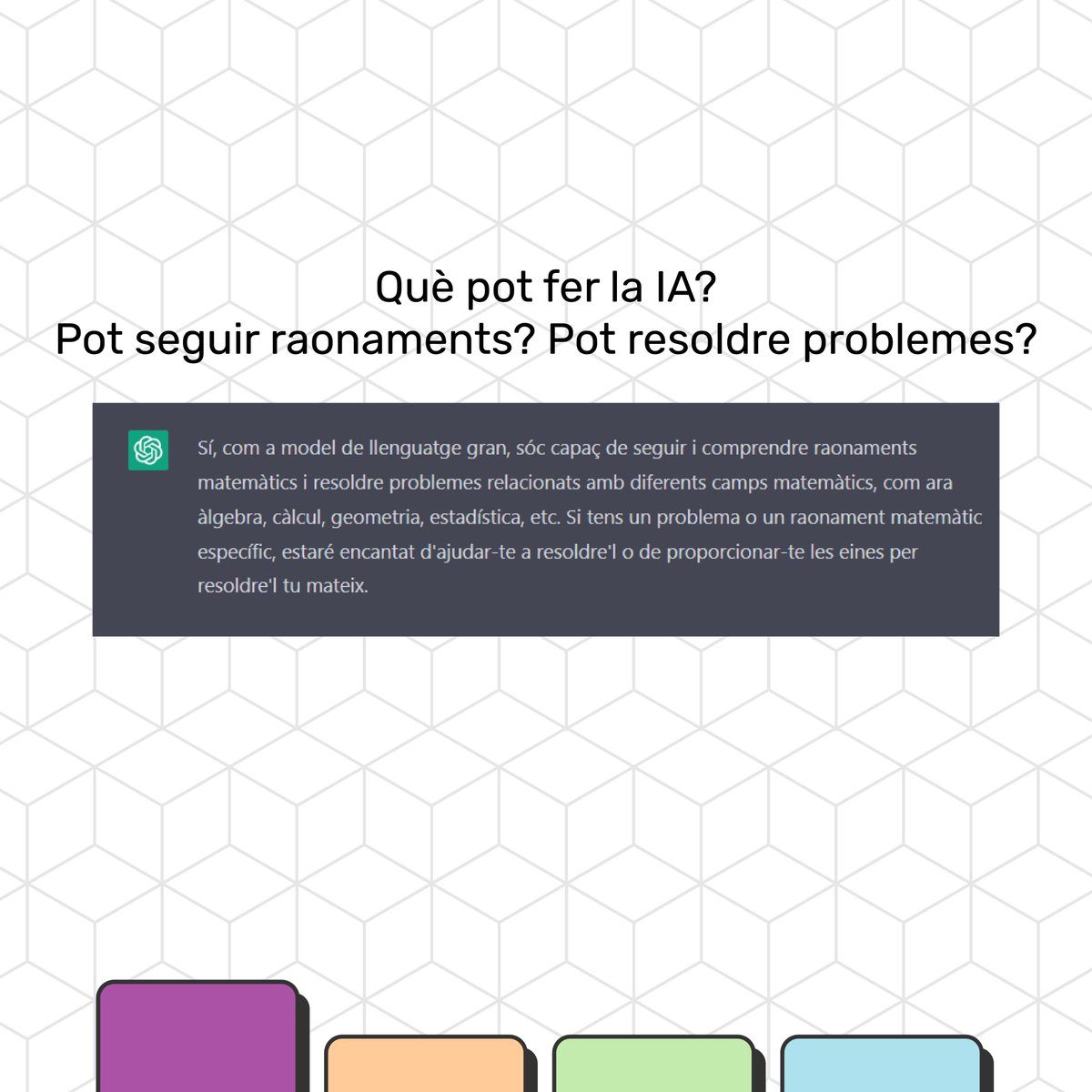 innovamat_cat's tweet photo. Ningú no té clar si #ChatGPT evolucionarà fins a convertir-se en una eina que aprofitarem a classe; o, per contra, haurem de lluitar perquè no sigui la intel·ligència artificial la que acabi resolent els problemes de matemàtiques i redactant els treballs.🧵 https://t.co/jjtXqOkxUG