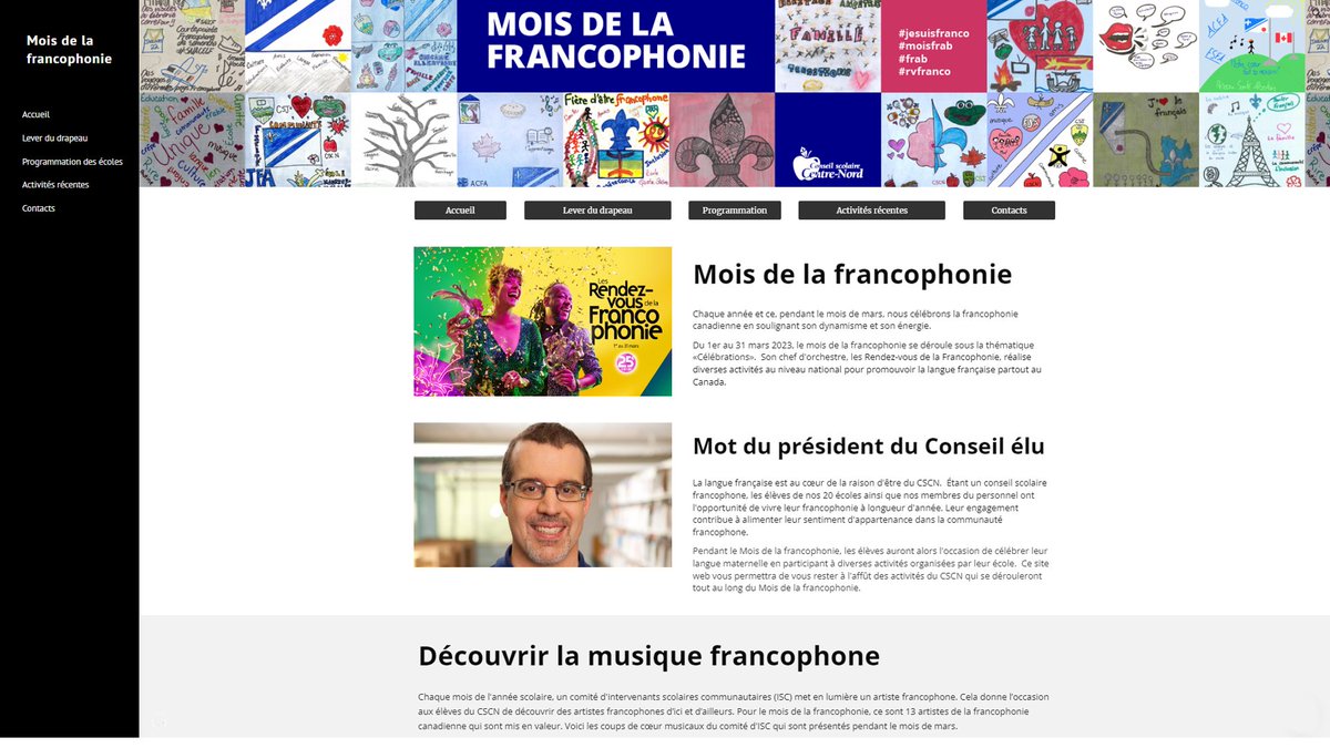 Le CSCN lance son site internet dédié au Mois de la francophonie. Vous pourrez y retrouver la programmation de nos 20 écoles, les photos de leurs activités ainsi que plusieurs ressources pertinentes. Pour le visiter: bit.ly/3SCmBCz
#jesuisfranco #moisfrab #frab #rvfranco