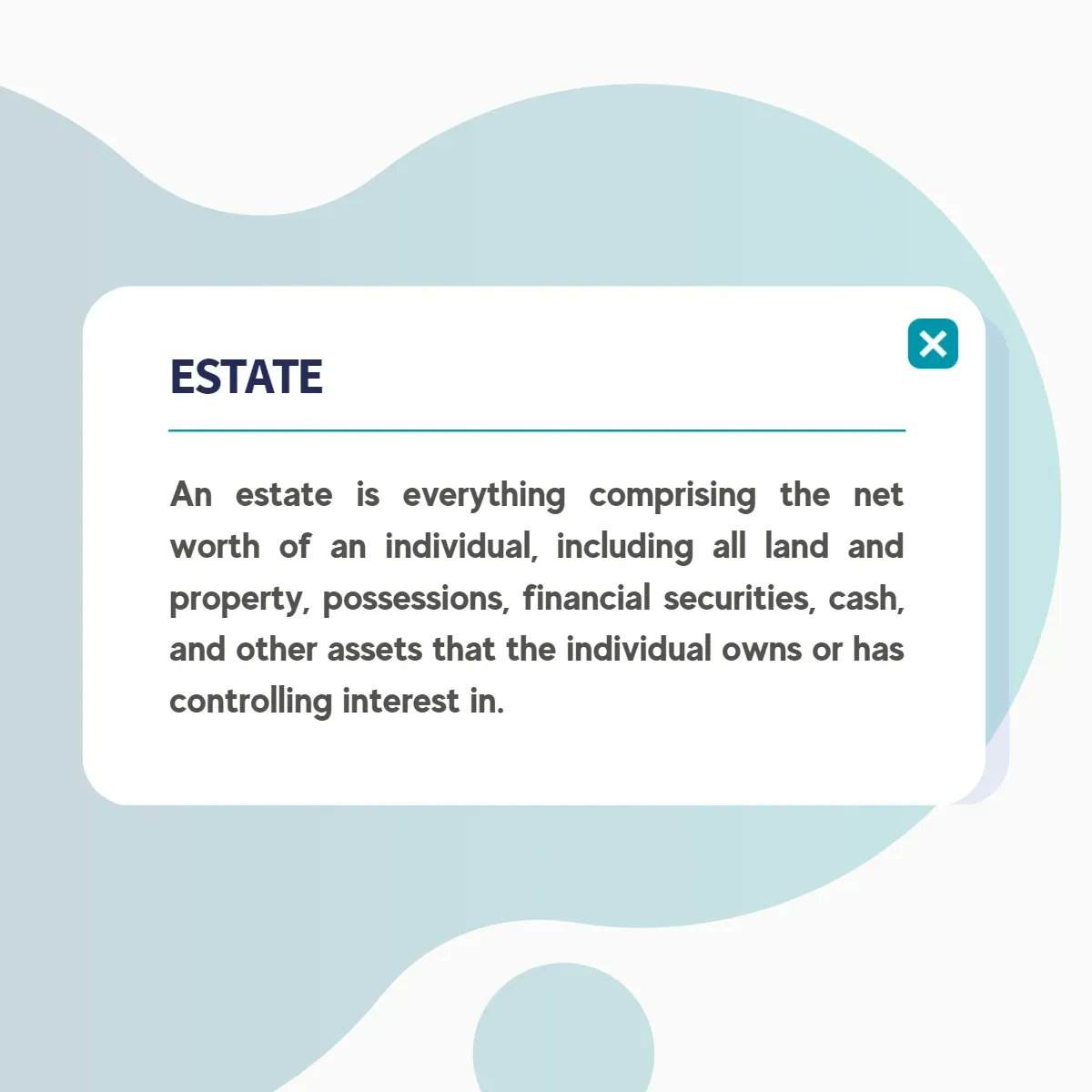 What is an estate? 🤔

An estate is the economic valuation of all the investments, assets, and interests of an individual. This includes all land and properties, possessions, financial securities, cash, and other assets that the individual owns or has controlling interest in. 🏠