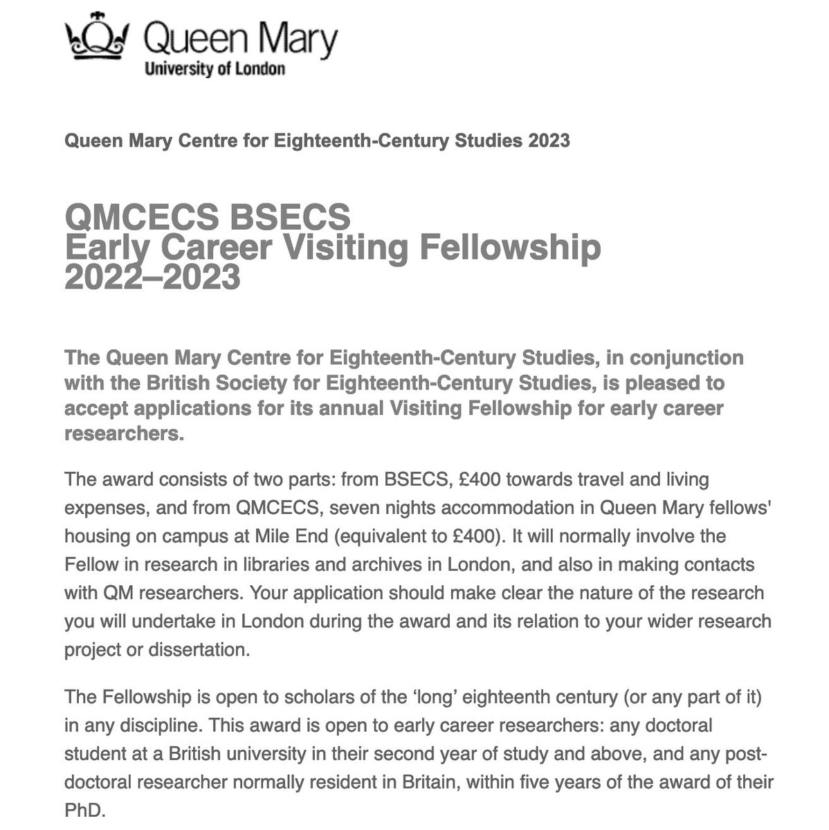 QMCECS and BSECS Early Career Visiting Fellowship: applications accepted to support a week's research on eighteenth-century studies in libraries and archives in London. Deadline 8 March. More info and application form: tinyurl.com/mr3trbjf