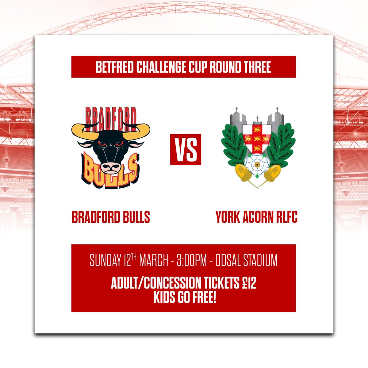 📅 | We can confirm our @Betfred @TheChallengeCup Third Round clash with @yorkacorn will take place on Sunday 12th March at 3:00pm. 🎟️ | Tickets go on sale from 10am tomorrow morning...