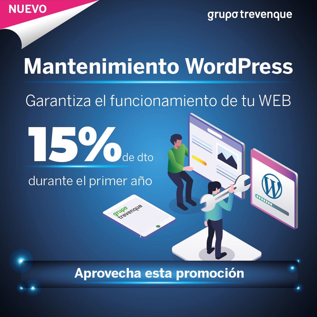 Hoy lanzamos nuestro producto Mantenimiento WordPress. Un servicio creado para garantizar el correcto funcionamiento de tu web.
Además, durante el mes de marzo ofrecemos una 🔹PROMOCIÓN ESPECIAL🔹 del 🔹15% DE DTO🔹 durante el primer año.

solucionesweb.trevenque.es/soporte-y-mant…

#GrupoTrevenque