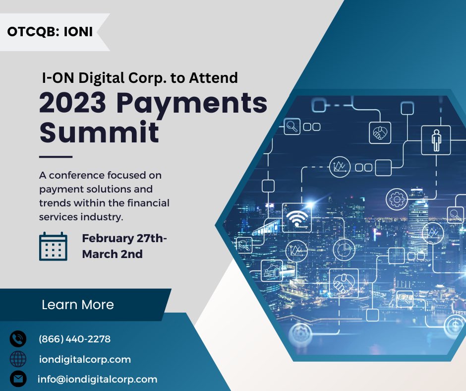 StockDayPodcast's tweet image. $IONI  I-ON Digital Corp CEO Carlos X. Montoya will participate in two exciting panel discussions at the Secure Technology Alliance’s 2023 U.S. Payments Summit on Wednesday, March 1, 2023. @iondigitalusa #IONI