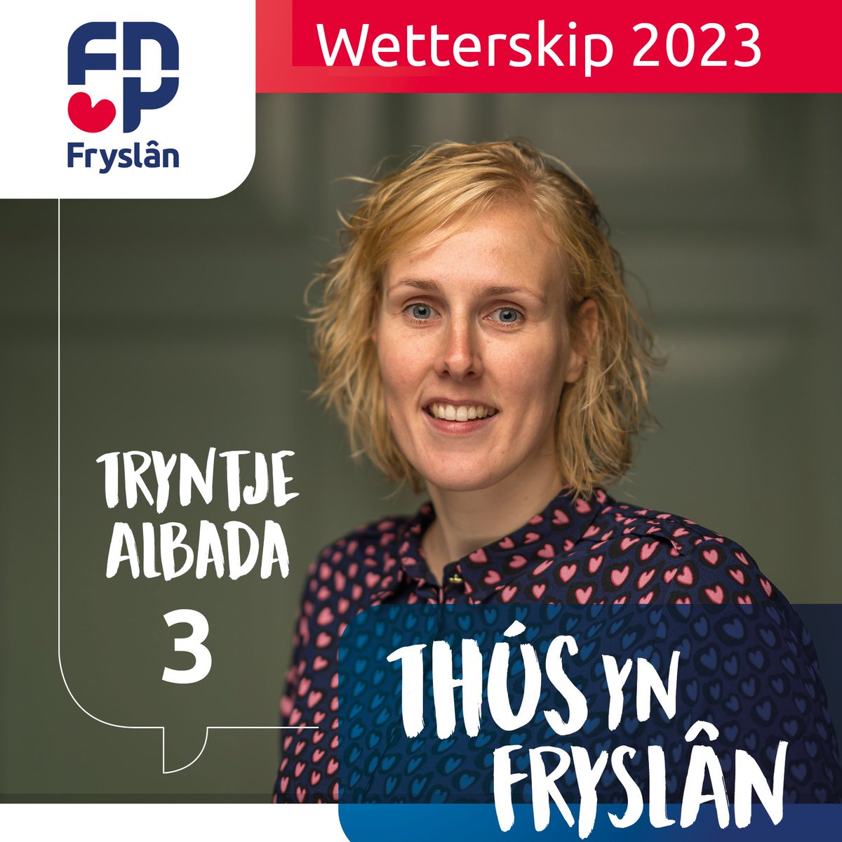 Kom yn 'e kunde mei ús kandidaten! Nr. 3 fan it #Wetterskip:

"Myn namme is Trijntje Albada. Sûnt 2019 mei ik de FNP fertsjinwurdigje yn de riedskommisje fan@SWFryslan. Yn it deistich libben bin ik beliedsadviseur by <a href="/VRFryslan/">Veiligheidsregio Fryslân</a>."

#FNP #THÚS #WS2023